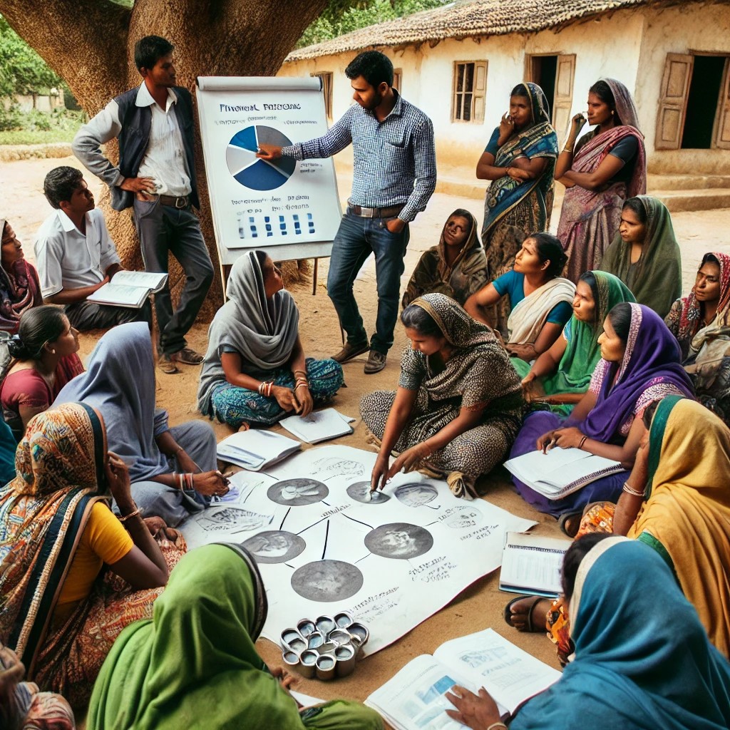 DALL·E 2024-06-20 21.16.26 - A microfinance training session in a village setting, showing a group of women gathered around a financial expert who is explaining financial concepts