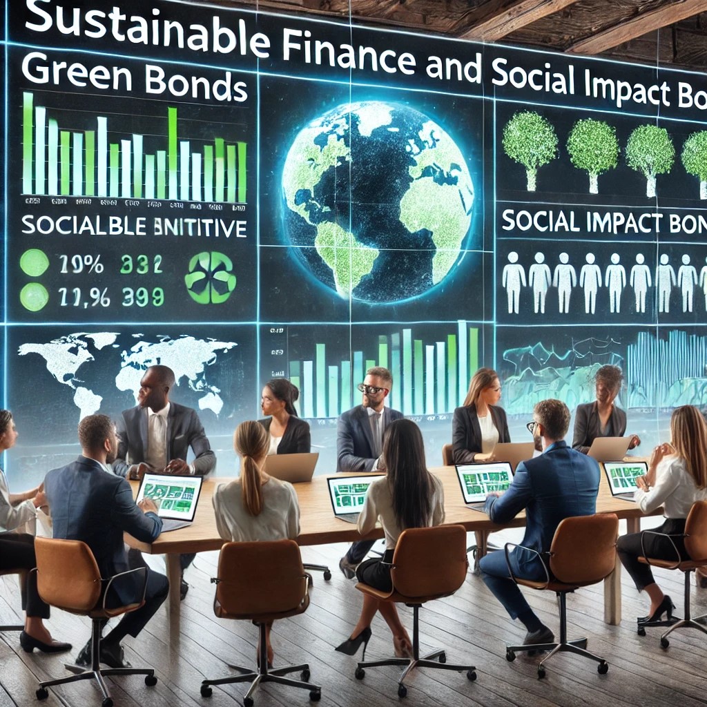 DALL·E 2024-06-19 23.10.50 - A diverse team of financial analysts working on a sustainable finance initiative, with digital screens displaying green bonds and social impact bonds