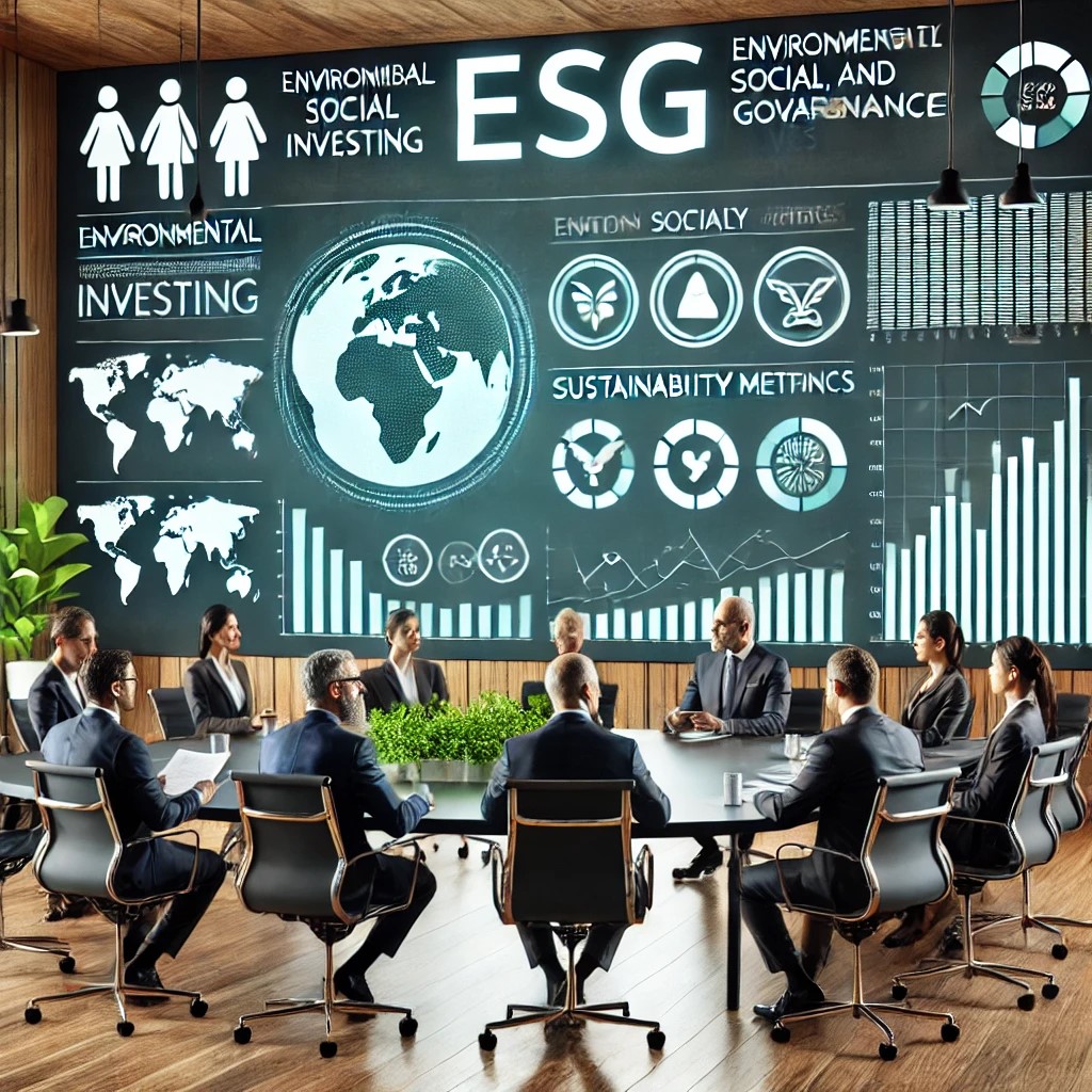 DALL·E 2024-06-19 23.10.49 - A corporate meeting room with executives discussing ESG (Environmental, Social, and Governance) investing, with charts and graphs on the wall showing 