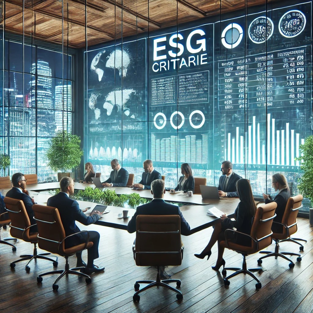 DALL·E 2024-06-20 19.07.48 - A corporate meeting room with executives discussing ESG criteria, with charts and graphs on screens showing sustainability metrics