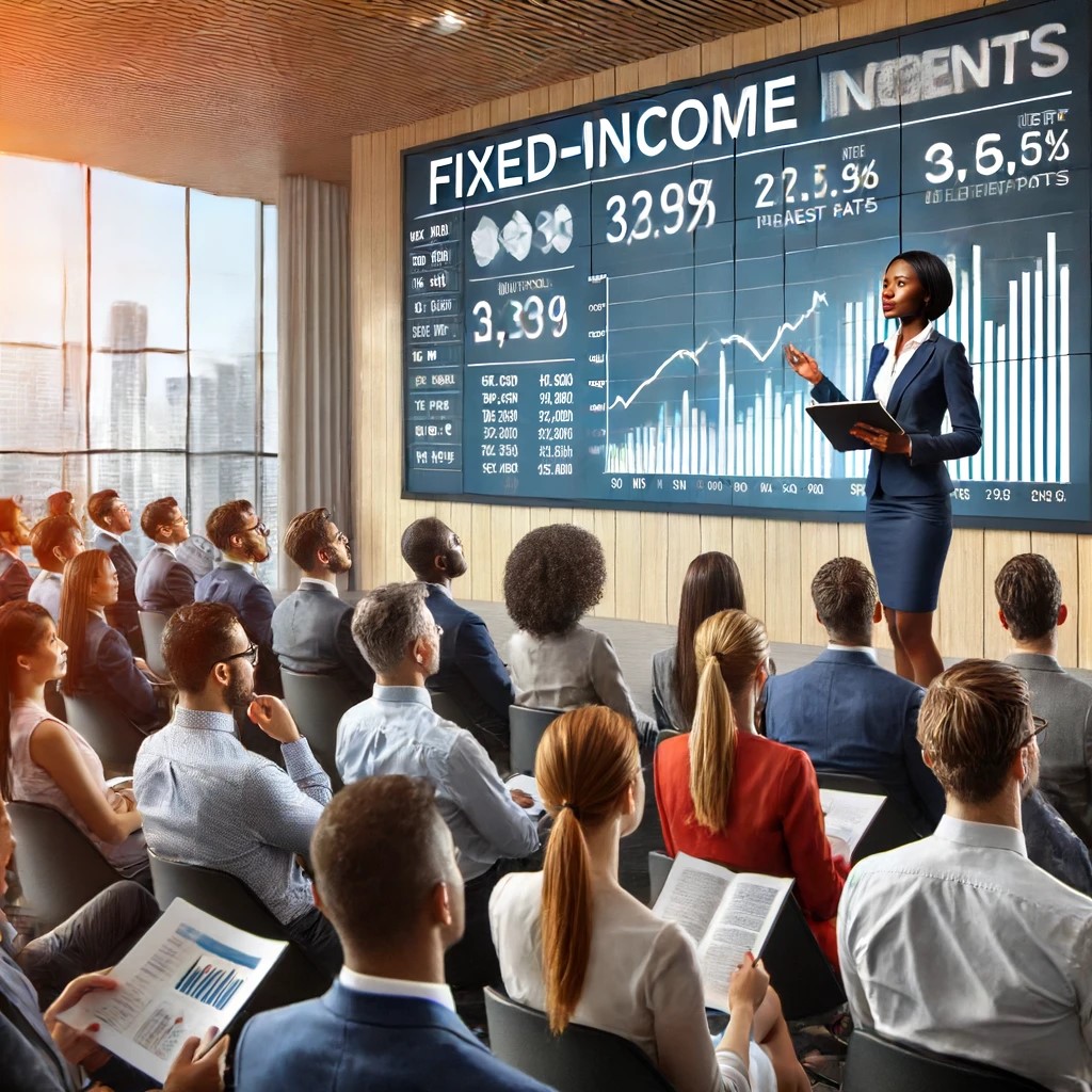 DALL·E 2024-06-18 20.59.17 - A financial seminar where an expert is presenting on the topic of fixed-income investments. The scene is set in a modern conference room with a divers