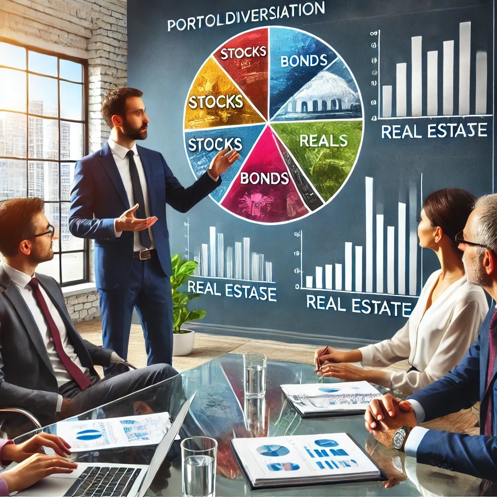 DALL·E 2024-06-19 23.24.00 - A financial advisor explaining diversification to clients using a pie chart that shows a portfolio spread across different asset classes like stocks, 