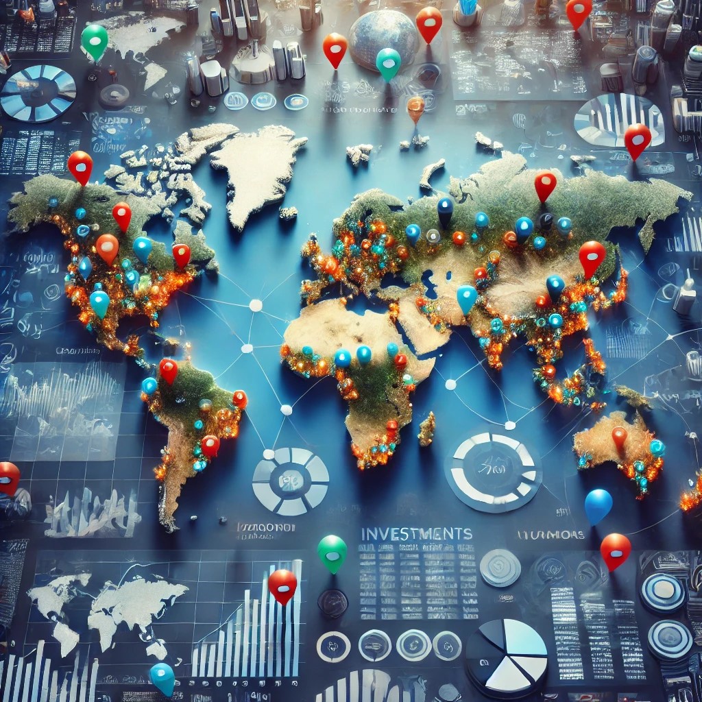 DALL·E 2024-06-19 23.24.01 - A world map showing global diversification of investments, with markers indicating investments in different countries and regions