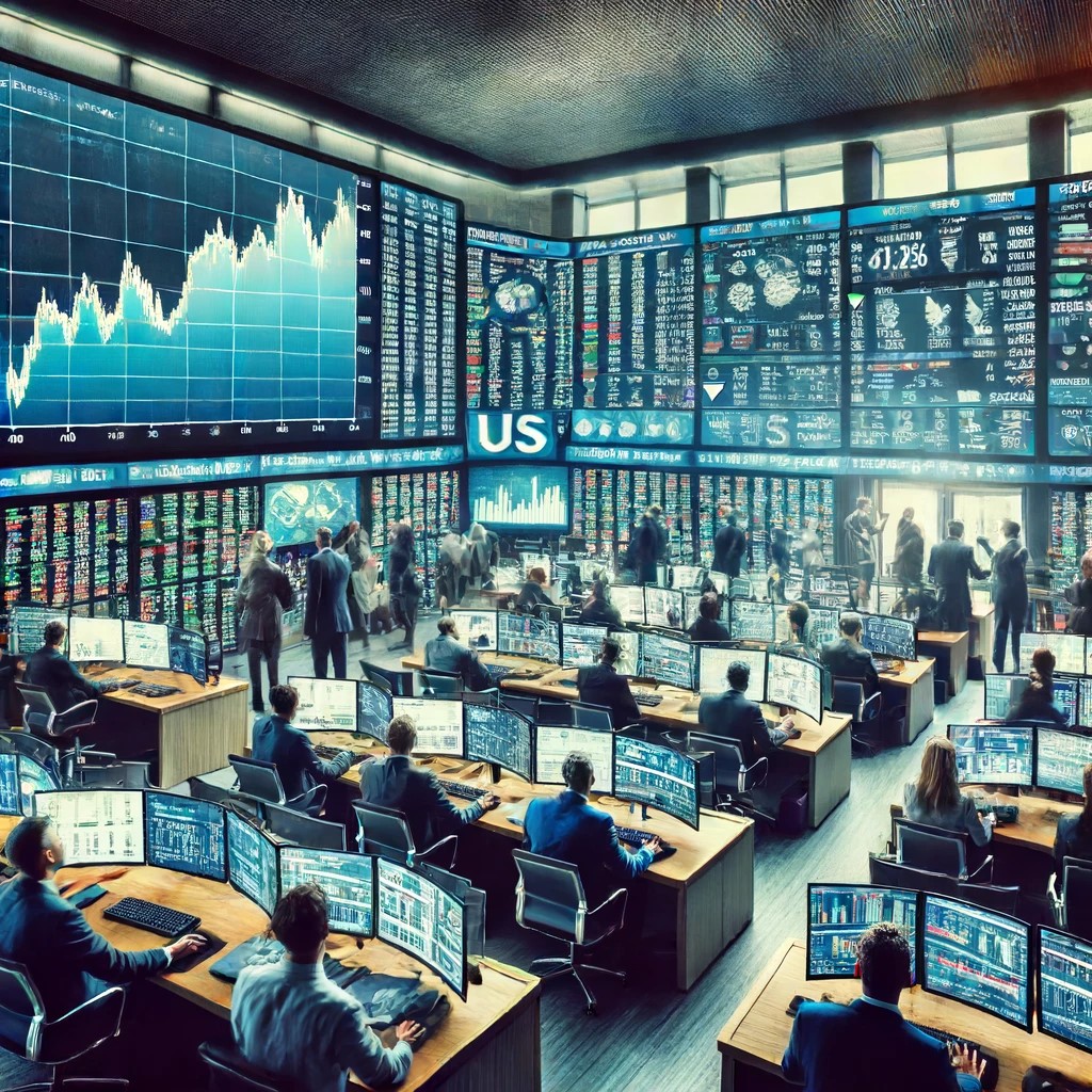 DALL·E 2024-06-16 21.16.40 - A modern financial trading room reacting to changes in US monetary policy. The room is bustling with traders and financial analysts watching large scr