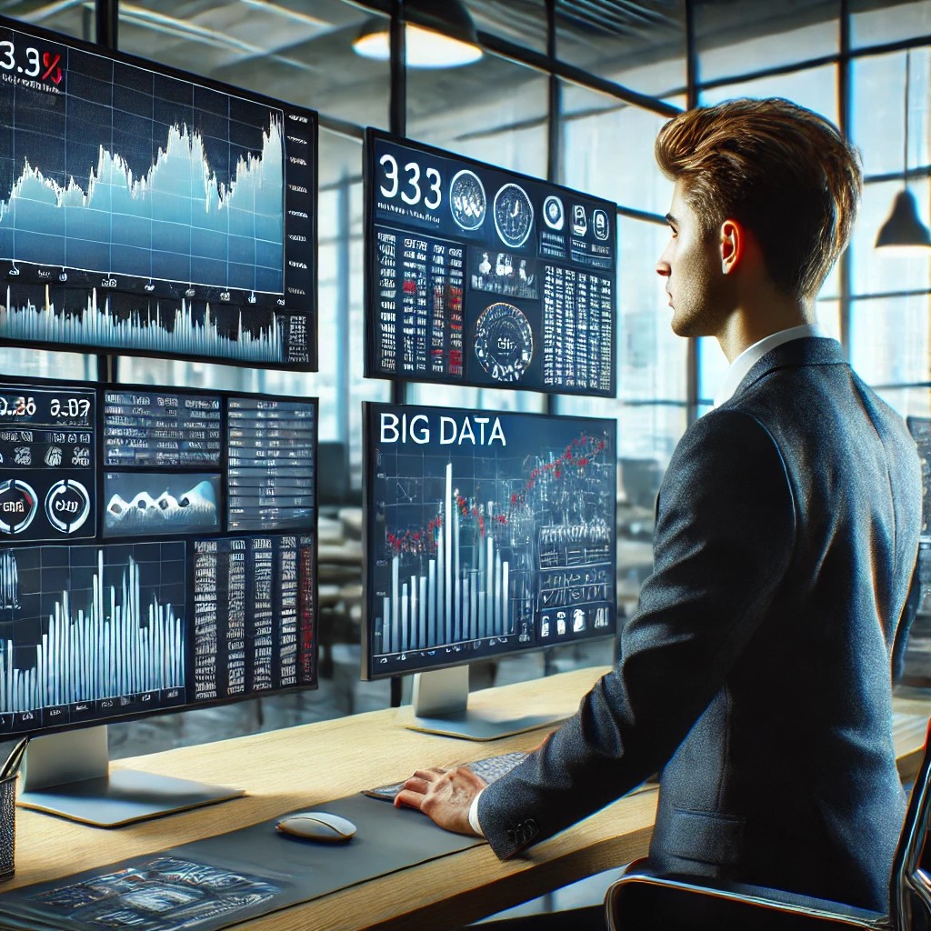 DALL·E 2024-06-17 20.40.02 - A modern financial analysis office with dual monitors displaying complex stock market data and big data analytics. The scene shows a young professiona