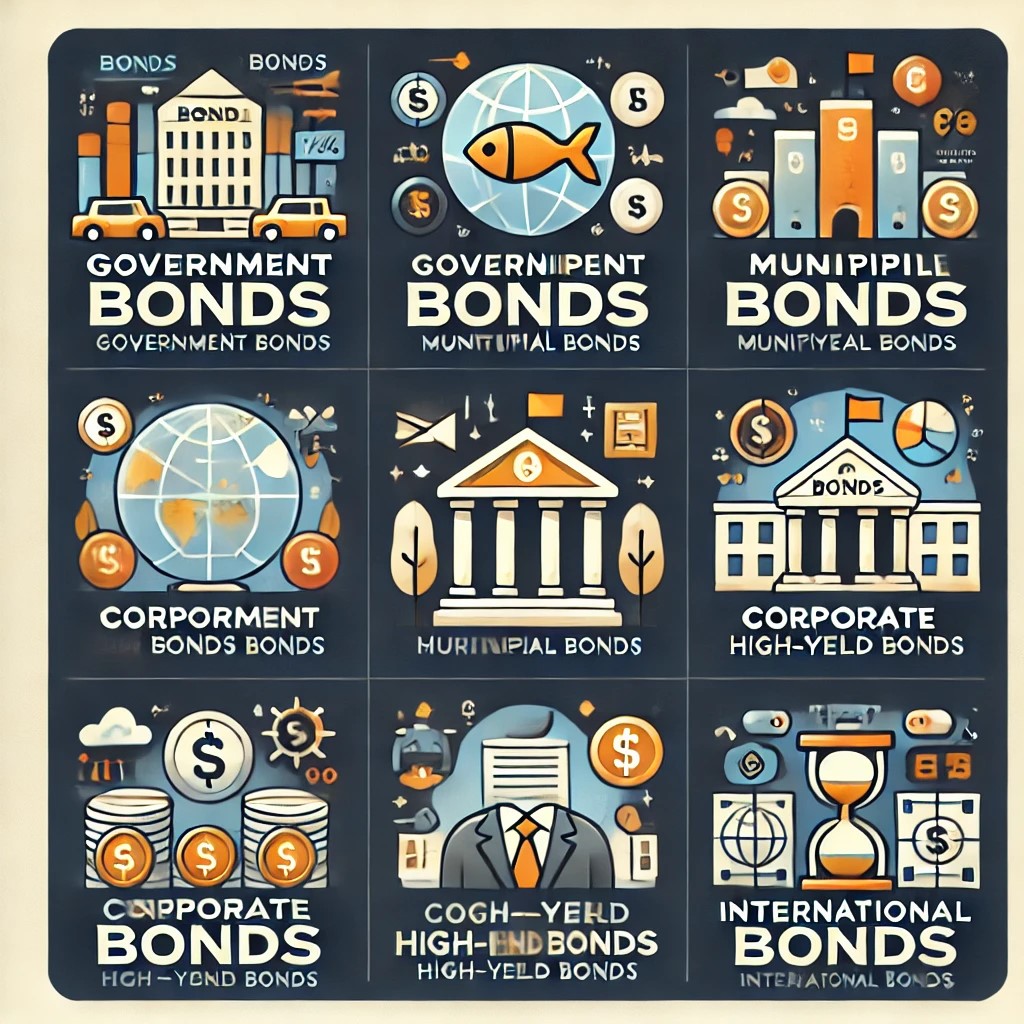 DALL·E 2024-06-19 21.20.08 - An infographic explaining the types of bonds_ government bonds, municipal bonds, corporate bonds, high-yield bonds, and international bonds. Include i