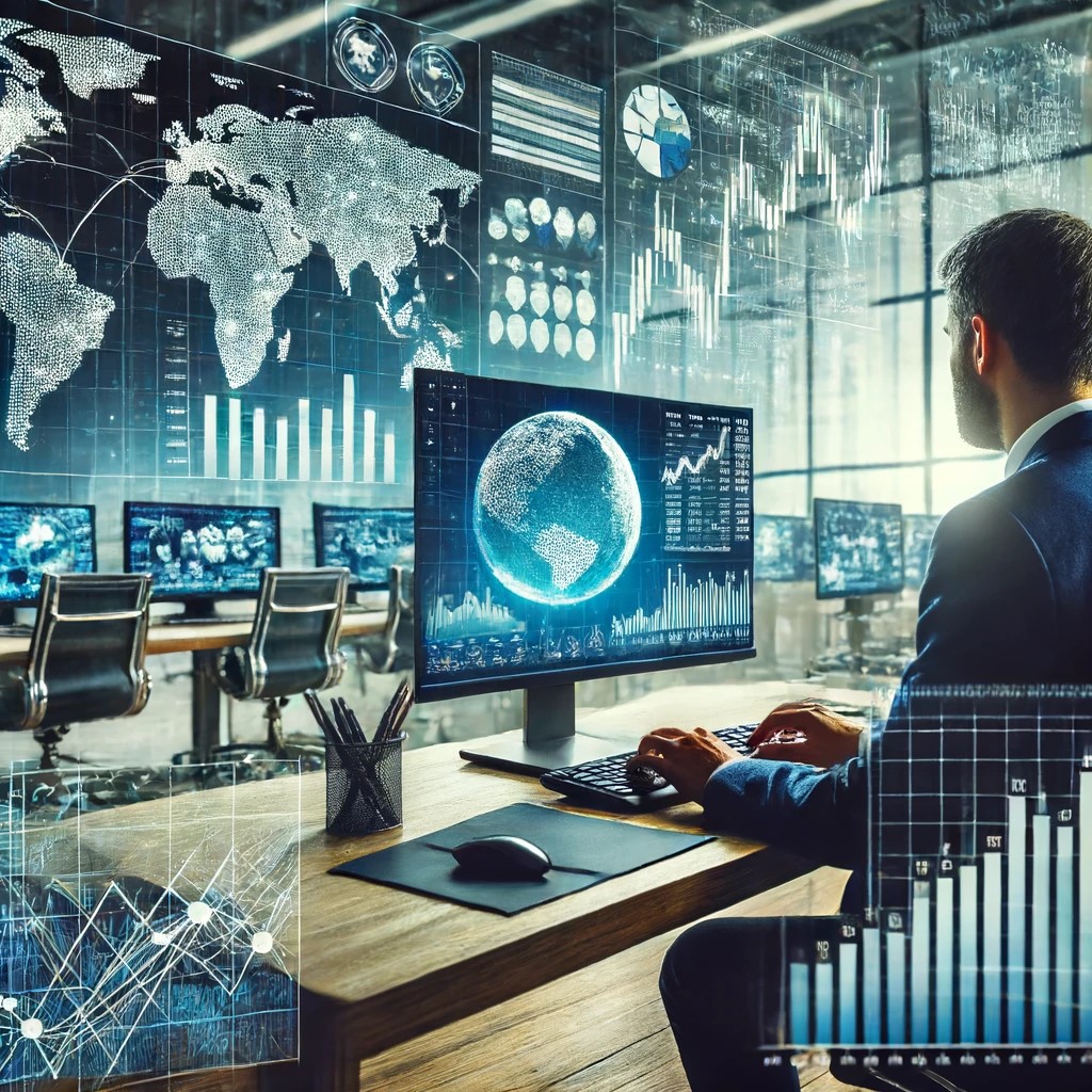 DALL·E 2024-06-18 23.20.36 - A financial analyst working on a computer, with screens displaying real-time economic data and charts. The background shows a modern office environmen