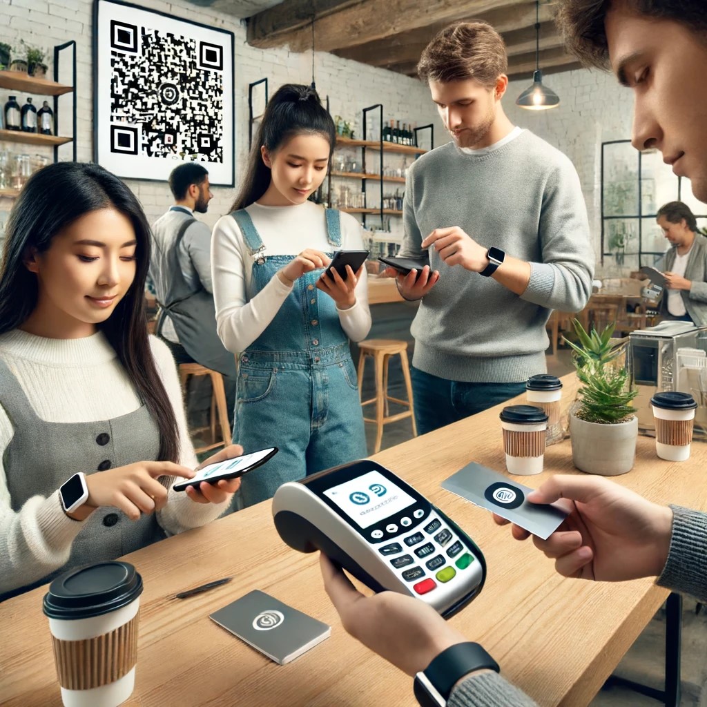 DALL·E 2024-06-17 21.16.21 - A modern cafe scene where young adults are using various mobile payment methods to make purchases. The setting includes customers paying with smartpho