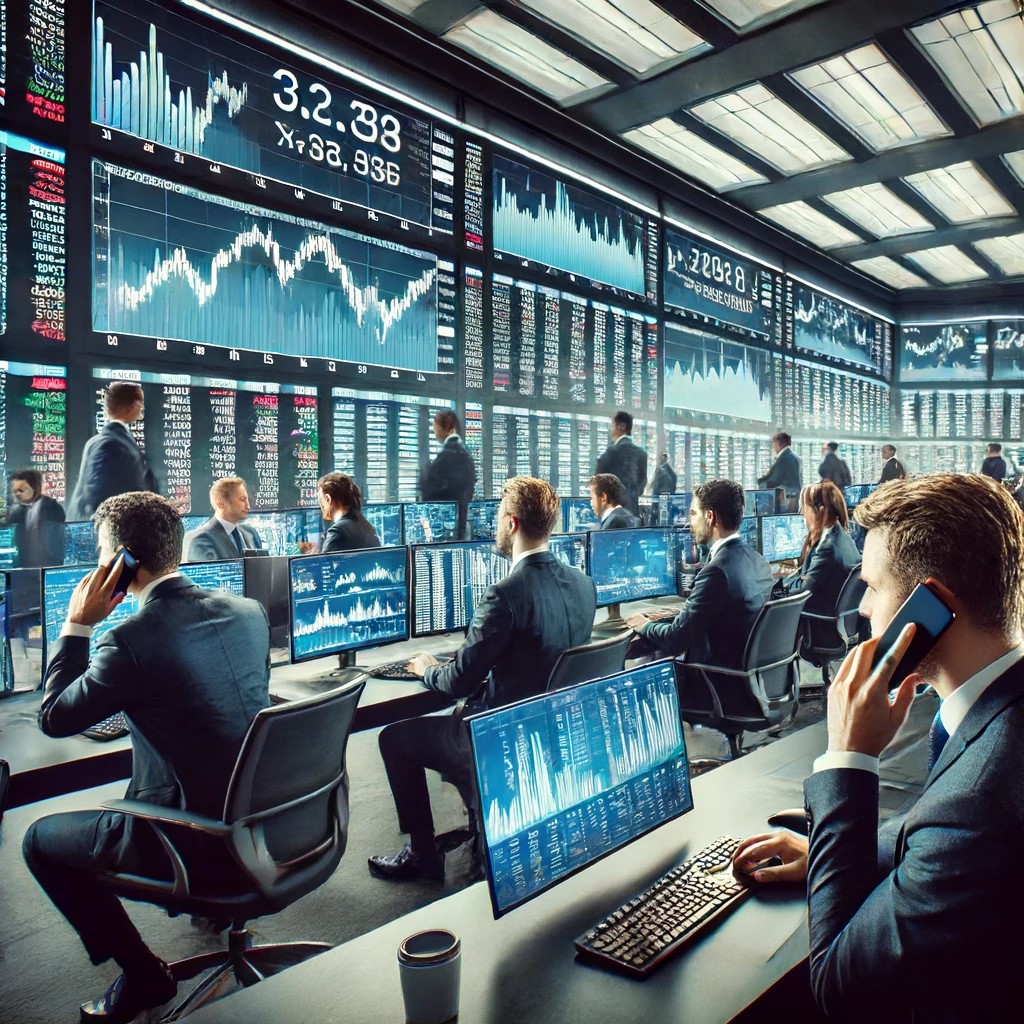 DALL·E 2024-06-18 23.56.00 - A modern trading floor with multiple screens displaying stock prices and derivative contracts. Traders are actively engaged, some talking on phones an