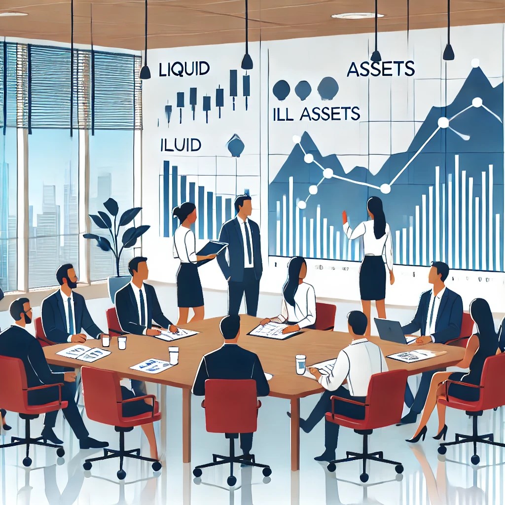 DALL·E 2024-06-19 20.55.17 - A diverse group of investors in a meeting room discussing investment strategies, with a whiteboard displaying graphs of liquid and illiquid assets