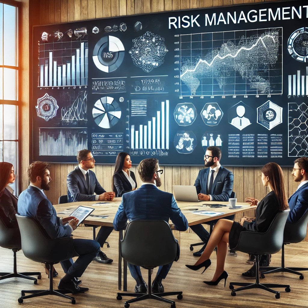 DALL·E 2024-06-19 22.08.16 - A diverse team of financial professionals in a modern office discussing risk management strategies, with charts and graphs displayed on a large screen