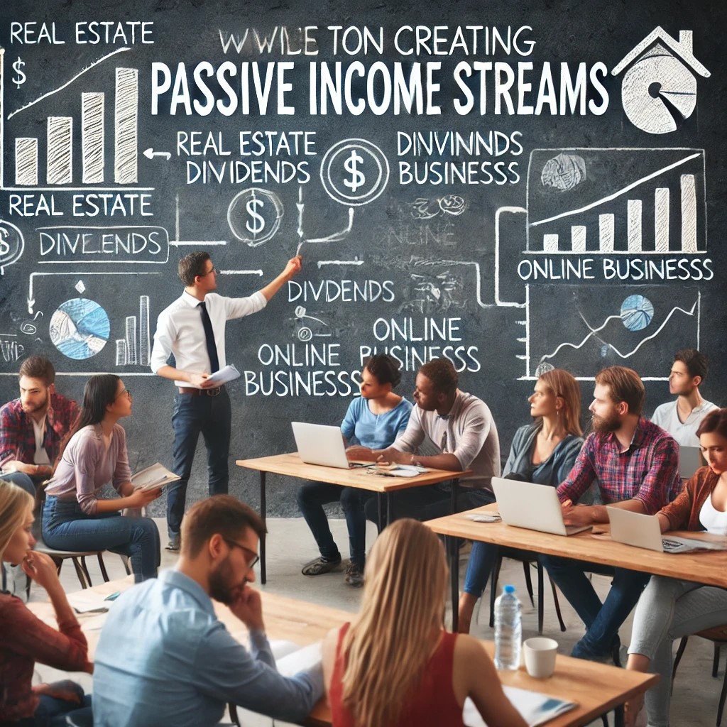 DALL·E 2024-07-03 13.38.22 - A diverse group of individuals engaging in a workshop on creating passive income streams. The setting is an informal classroom, where an expert is dem