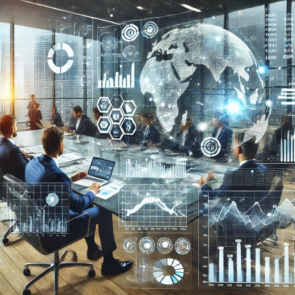 DALL·E 2024-07-06 17.16.14 - An image showing financial analysts in a modern office using data analytics and forecasting tools to manage seasonal fluctuations in business, with di