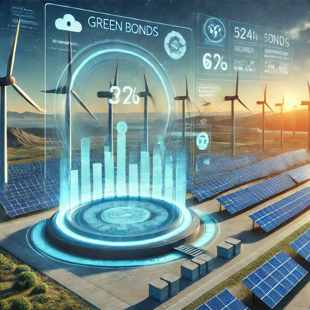 DALL·E 2024-07-06 17.08.38 - An image showing a modern wind farm with wind turbines, solar panels, and a digital interface displaying data on green bonds and investment in green e