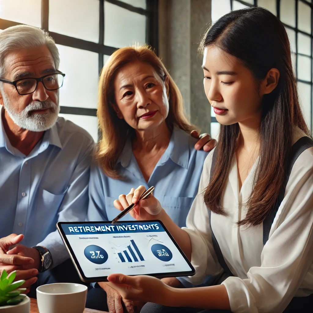 DALL·E 2024-07-03 17.04.27 - A financial advisor explaining retirement investment options to a middle-aged couple in an office. The advisor, a young Asian woman, is pointing at a 