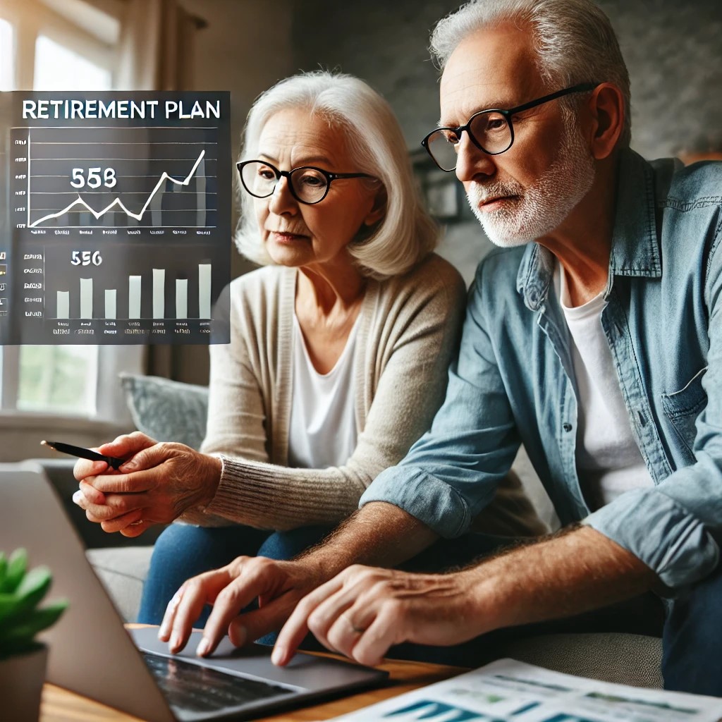 DALL·E 2024-07-03 17.04.26 - An image of an elderly couple reviewing their retirement plans on a laptop at home. The couple appears engaged and focused, with financial charts and 