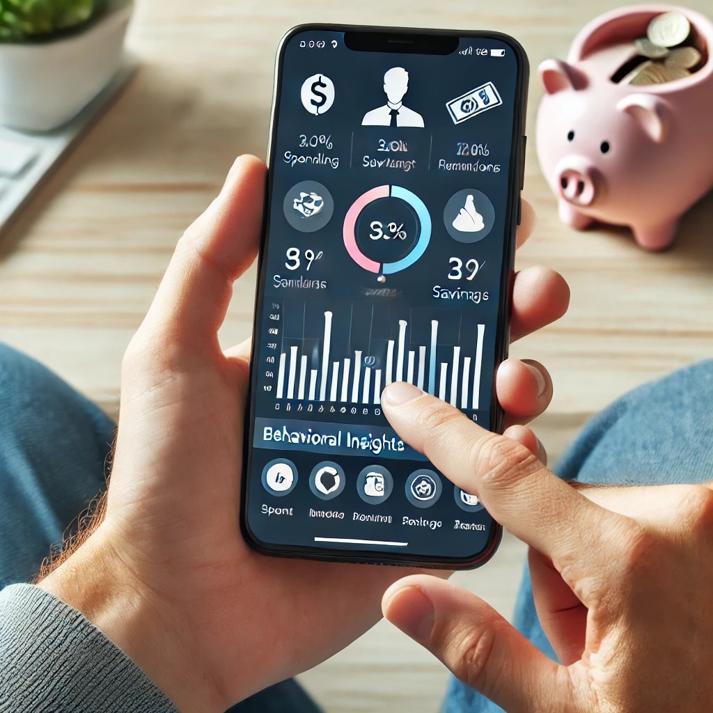 DALL·E 2024-07-29 01.54.13 - A person using a mobile app on a smartphone to track their spending and savings, with features that highlight behavioral insights and financial recomm