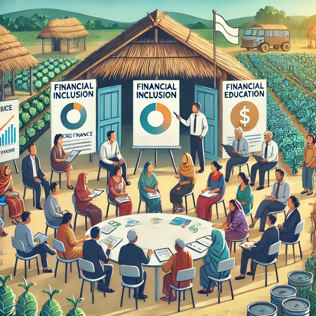 DALL·E 2024-07-29 02.05.05 - A community meeting in a rural area with people discussing microfinance and financial inclusion, with posters and charts showing financial education m
