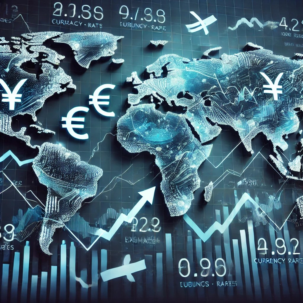 DALL·E 2024-07-29 02.08.23 - A digital world map displaying fluctuating currency exchange rates, with arrows indicating currency movements, symbolizing the impact of currency wars