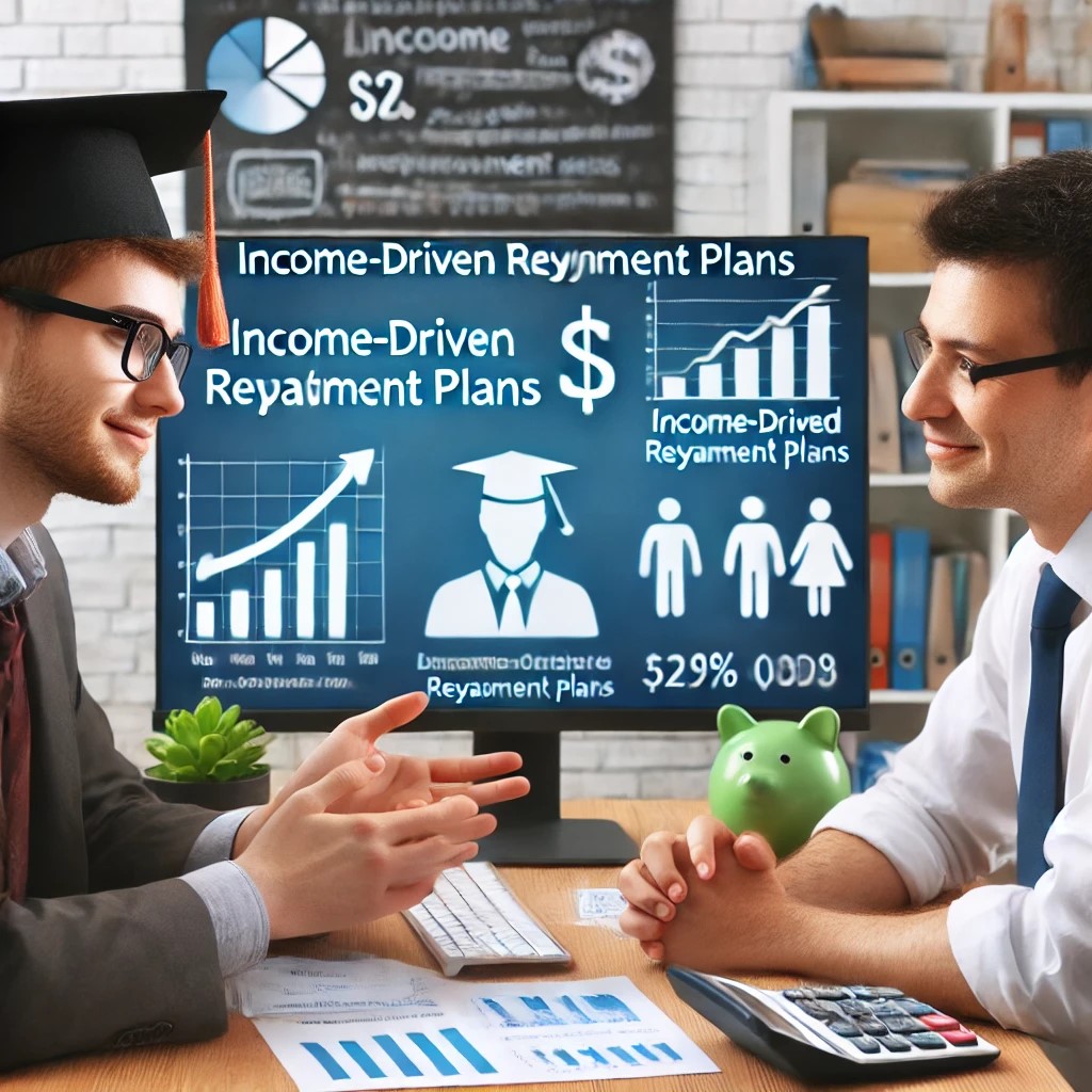 DALL·E 2024-07-29 02.13.47 - A financial advisor explaining income-driven repayment plans to a young graduate, with a computer screen showing different repayment options and finan